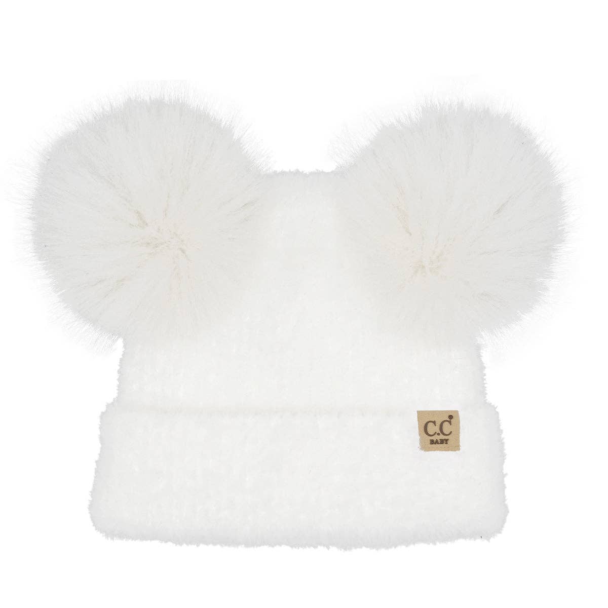 white cheneille baby hat w 2 pom poms