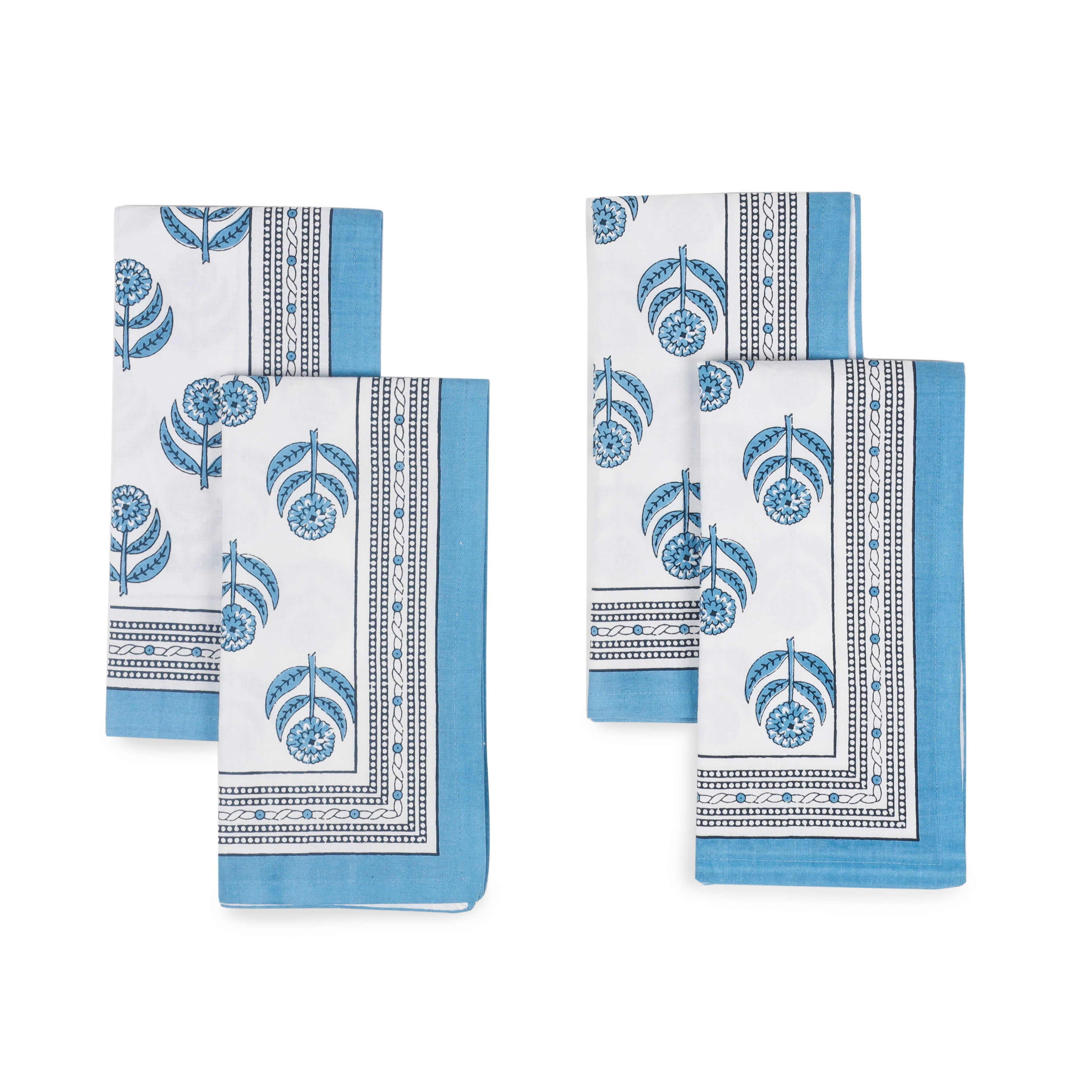 Blue Blooms Block Print Cotton Napkins