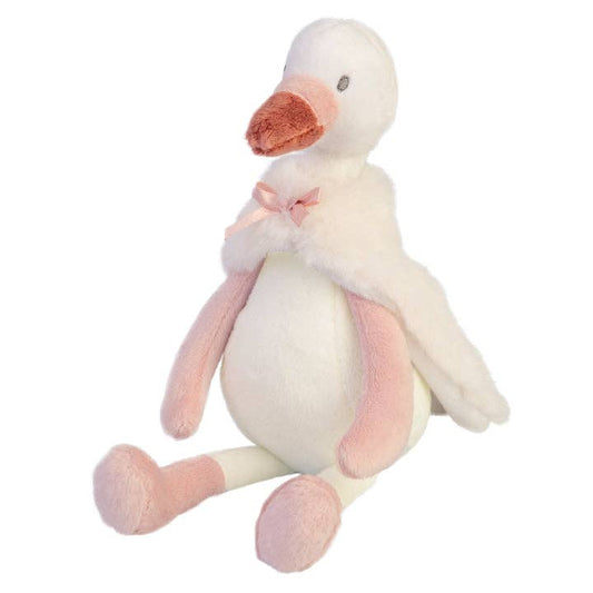 Plush toy duck with pink feet and beak on a white background