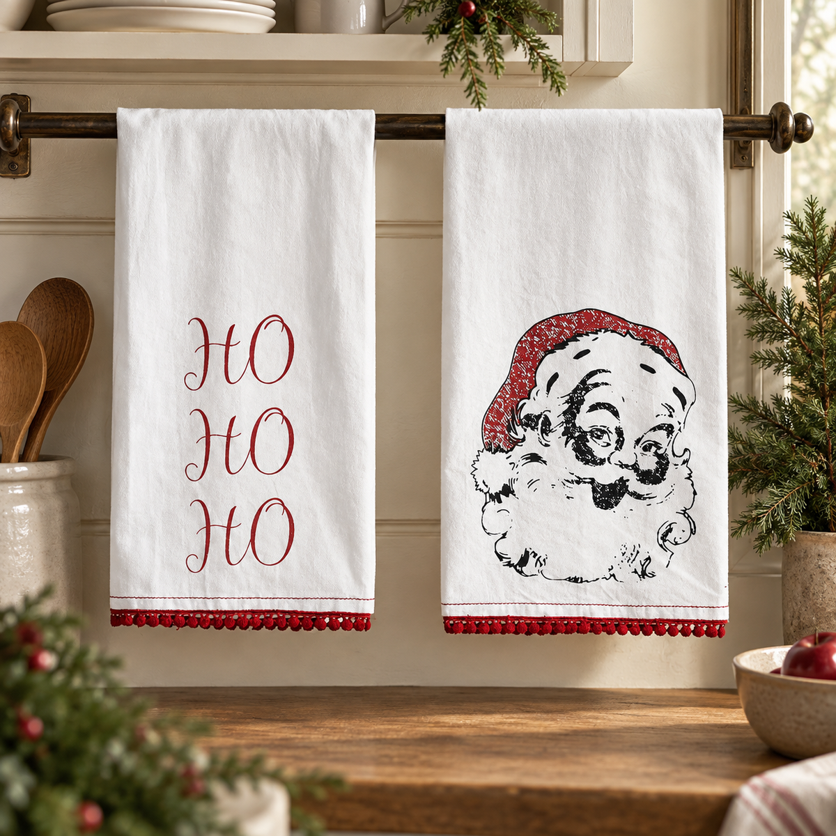 vintage santa and ho ho ho tea towel red and white 