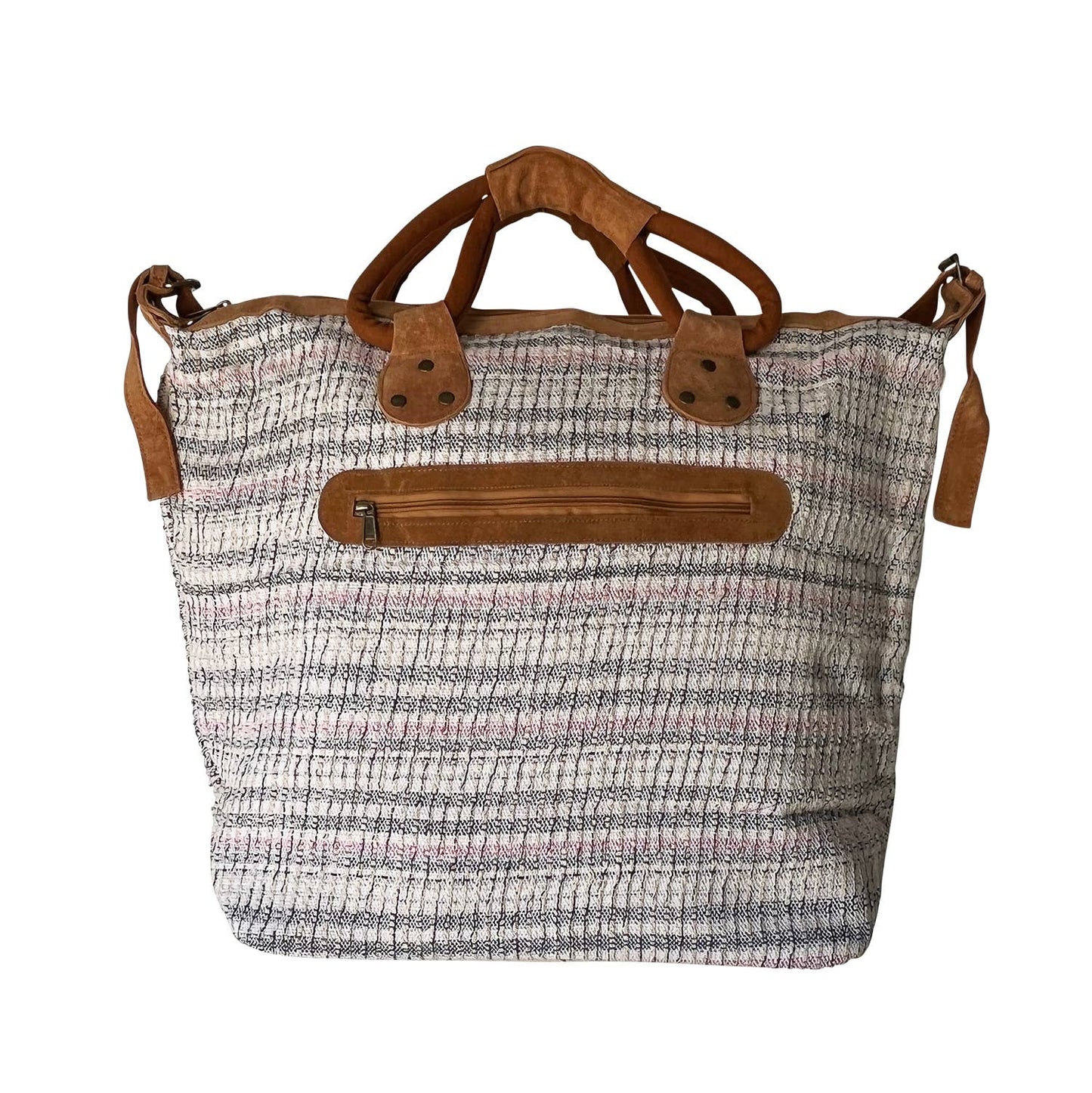 Pink Stripes Leather Handle Tote