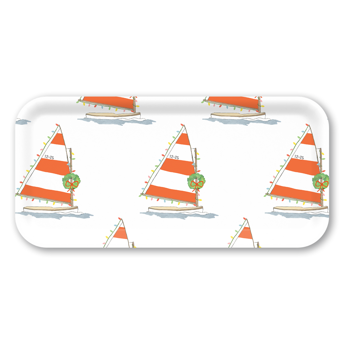 A rectangular tray with rounded corners, featuring a repeating pattern of Christmas-themed sailboats with orange and white stripes, green wreaths, and colorful holiday lights on a white background.