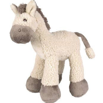 Plush horse toy with beige body and brown mane on a white background