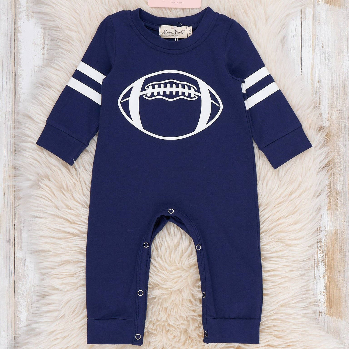 navy romper with white football 
