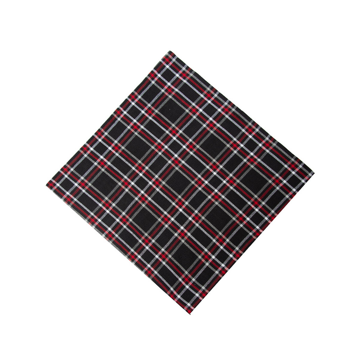 A square bandana or pocket square featuring a classic tartan plaid pattern in black, red, and white, shown on a plain white background.