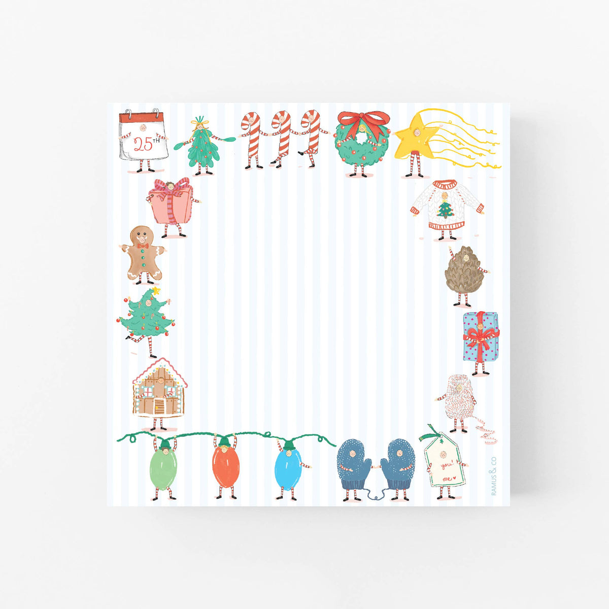 A square white notepad with a festive Christmas border illustration, featuring cartoon characters and holiday motifs around the edges on a light gray background.