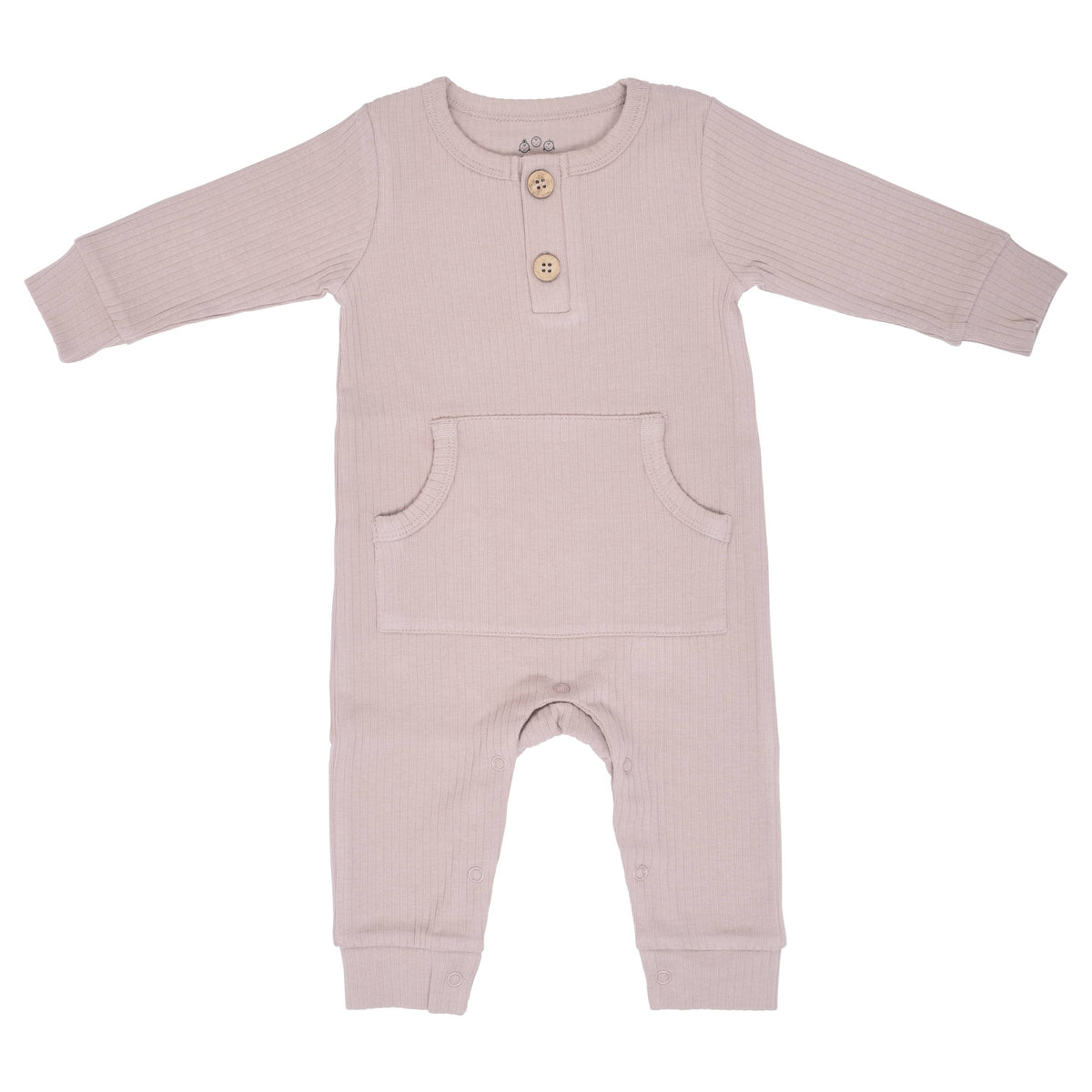 A baby's long-sleeve ribbed romper in a dusty pink color, featuring a henley-style neckline with two wooden buttons and two front patch pockets, laid flat on a white background.