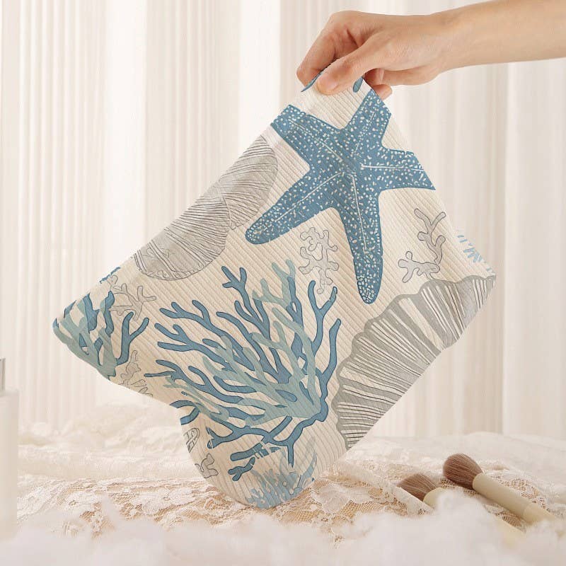 starfish and coral on makeup bag blue and white