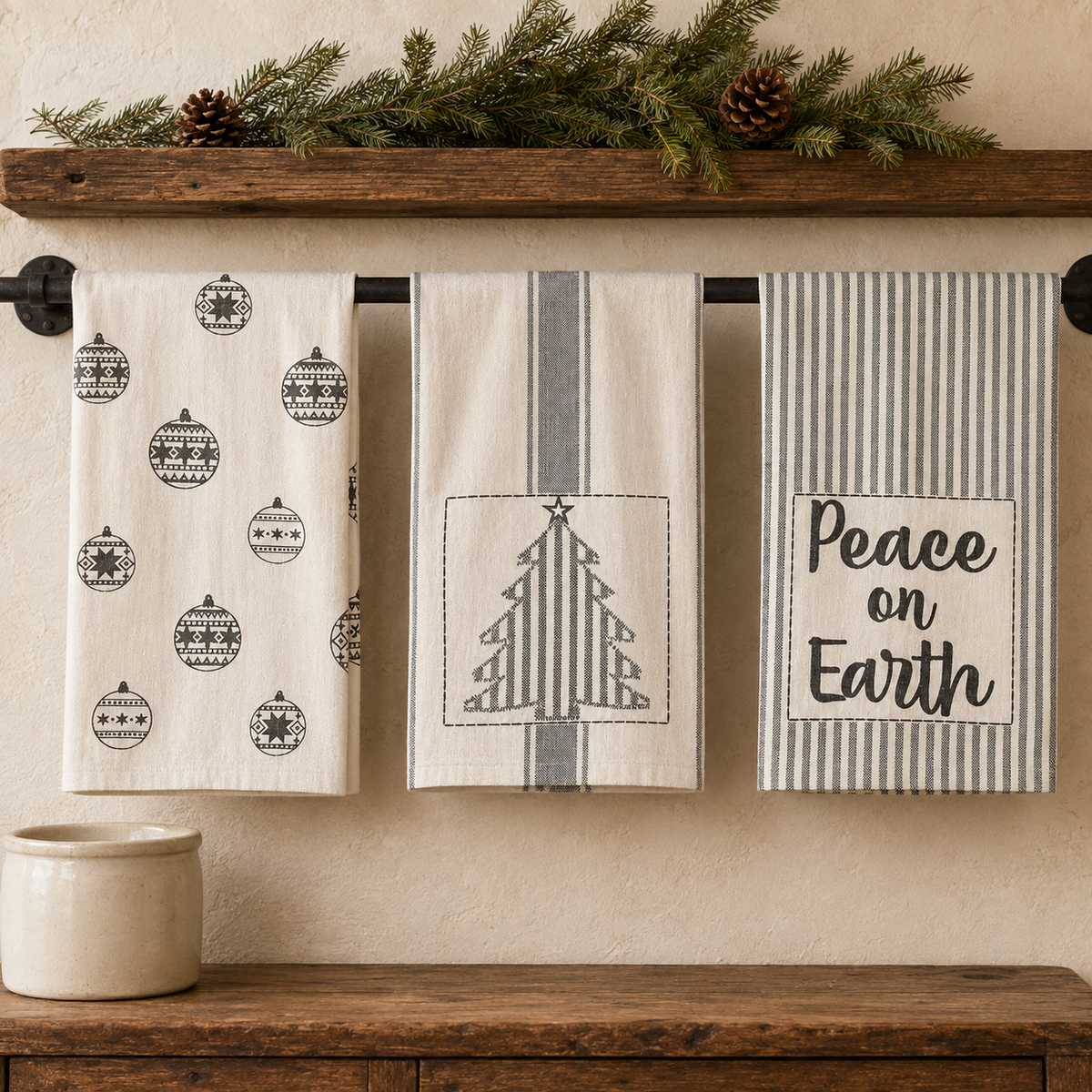3 tea towels stripes tree and ornaments