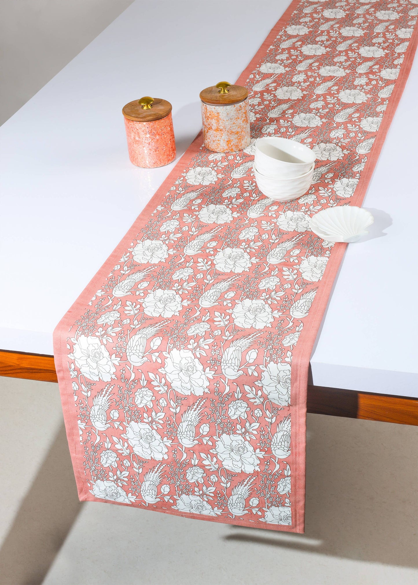 Peach Blossom Block Print Cotton Table Runner