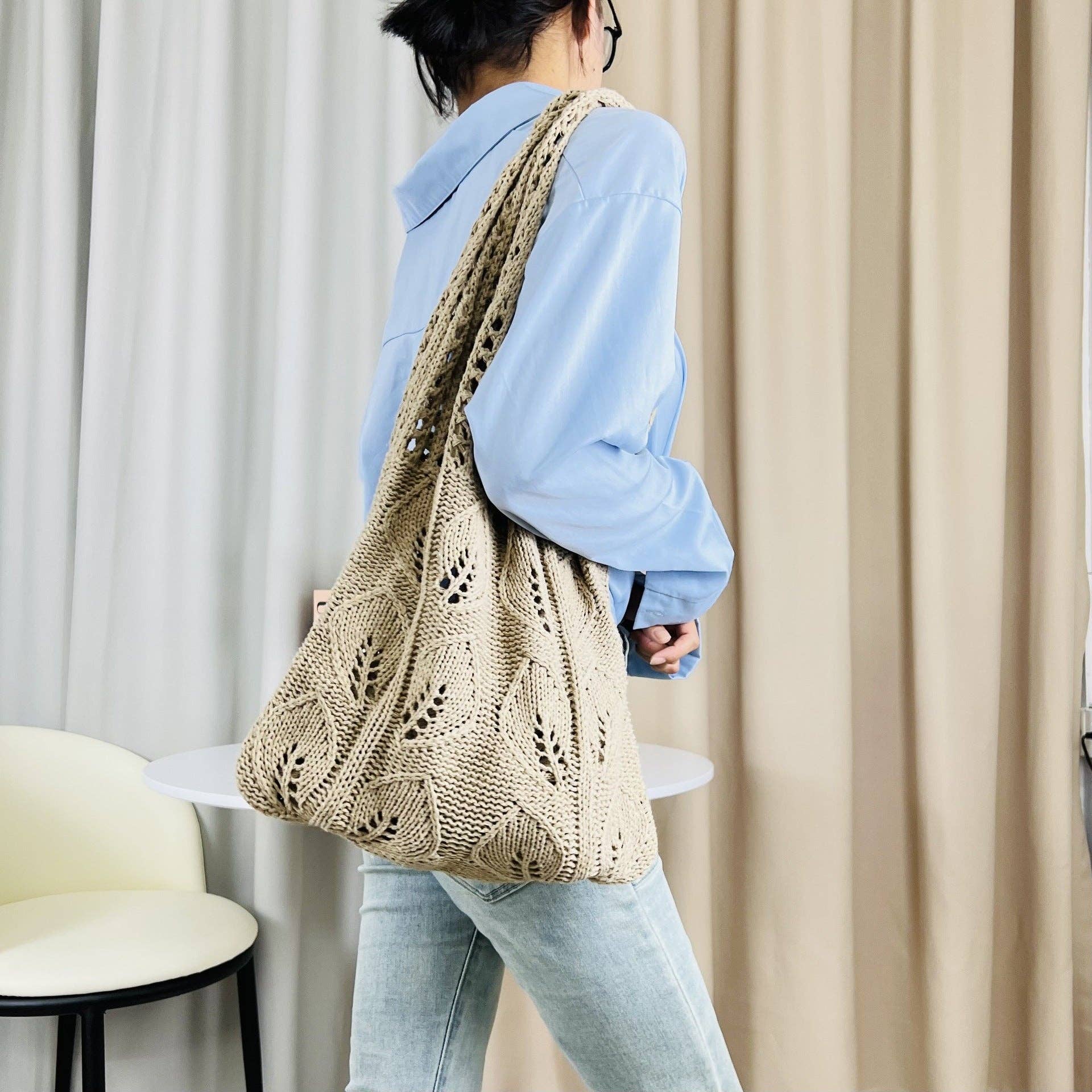 Solid Color Hollow Out Knit Shoulder Tote Bag DPB1606