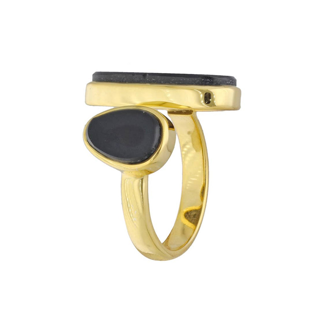 Midnight Duet Open Brass Ring with Twin Black Onyx Ovals