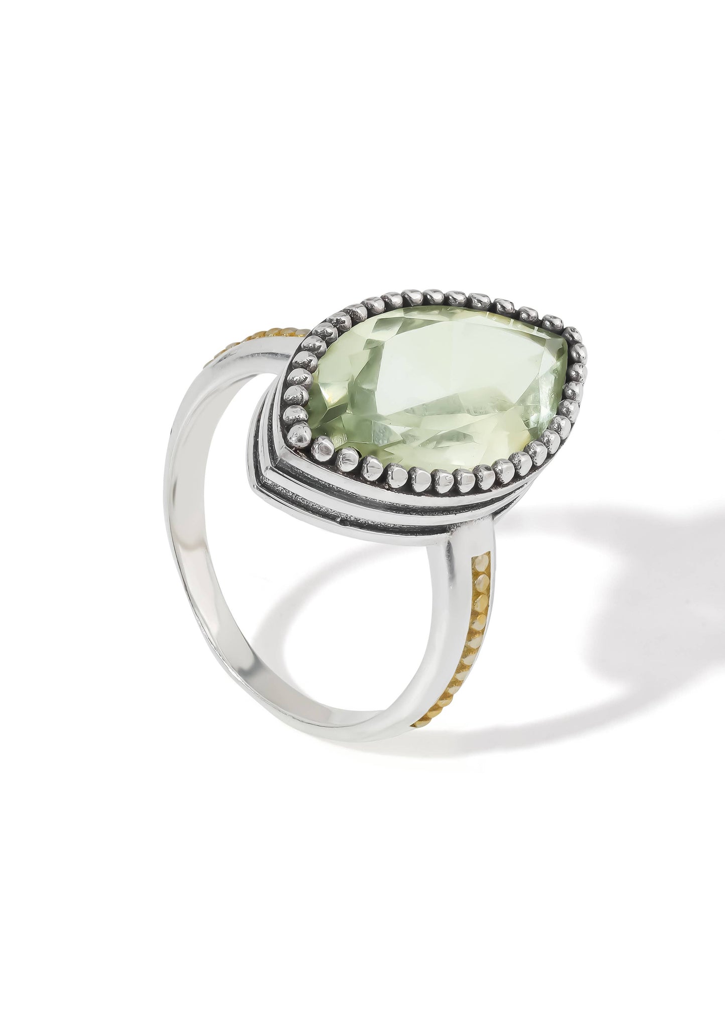 Silver Plated Marquise Green Amethyst Two-Tone Beaded Ring