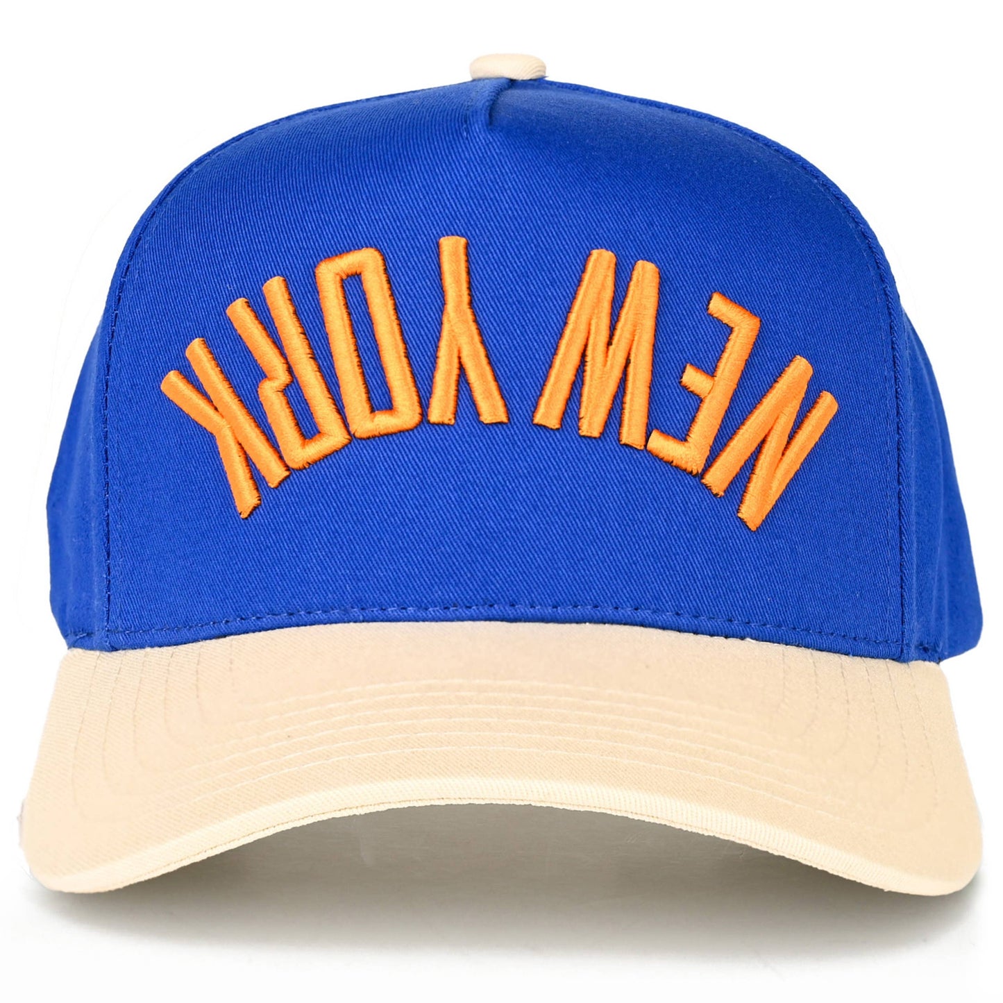 Blue and beige cap with 'New York' text on a white background
