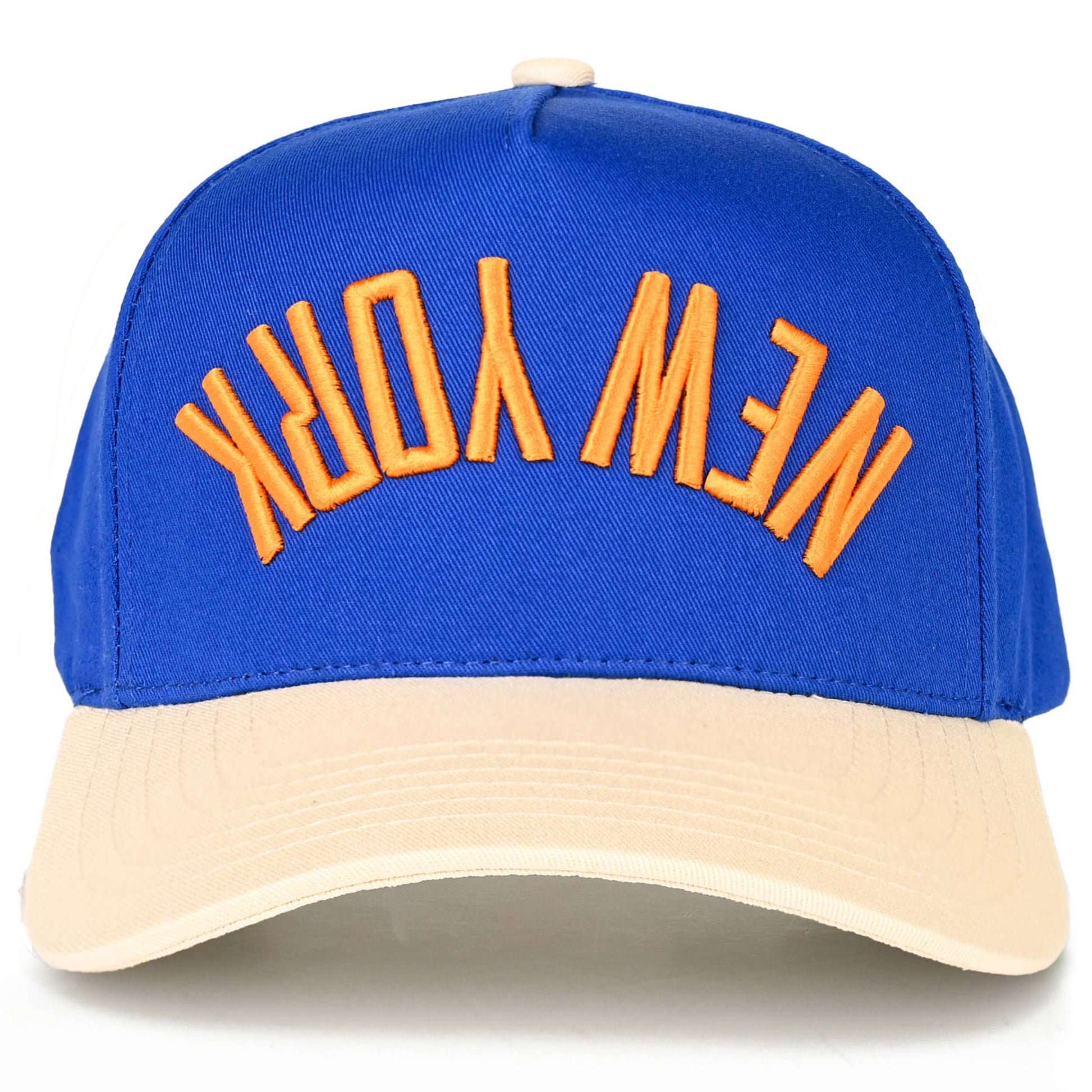 Blue and beige cap with 'New York' text on a white background