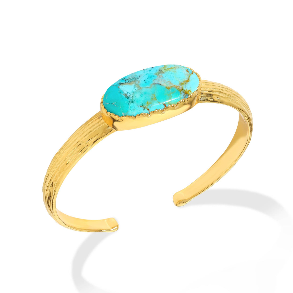 Gold bracelet with a turquoise stone on a white background
