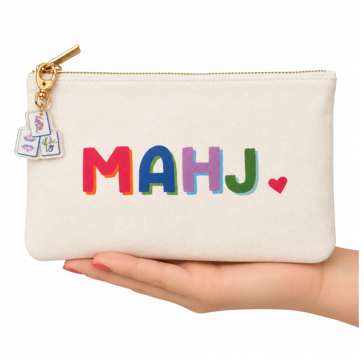 white pouch with colored letters MAHJ
