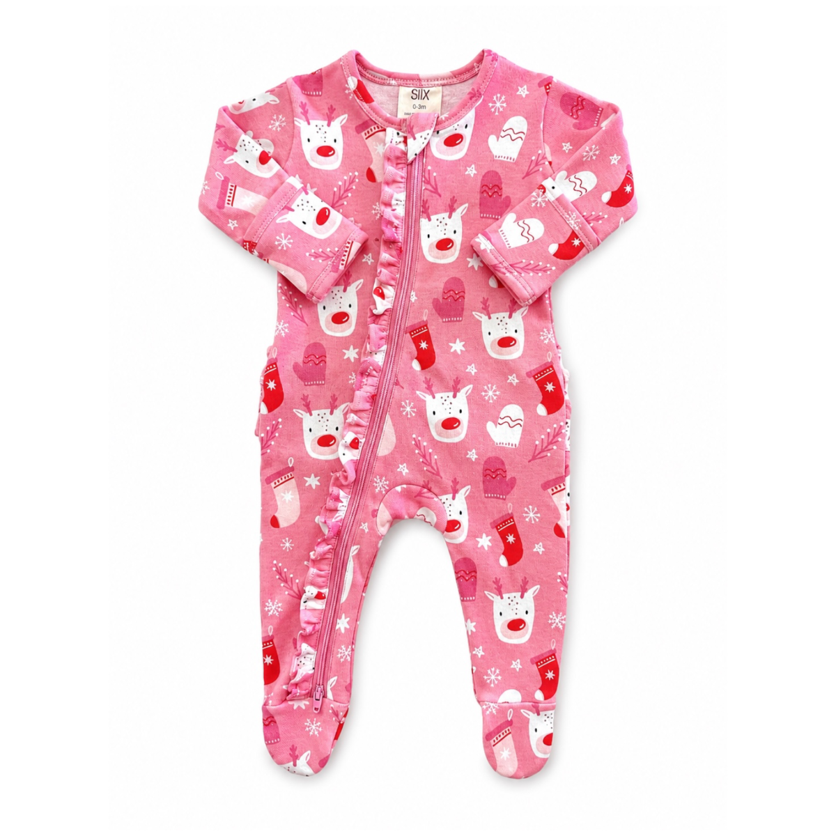 Pink baby onesie with reindeer and snowflake pattern on a white background
