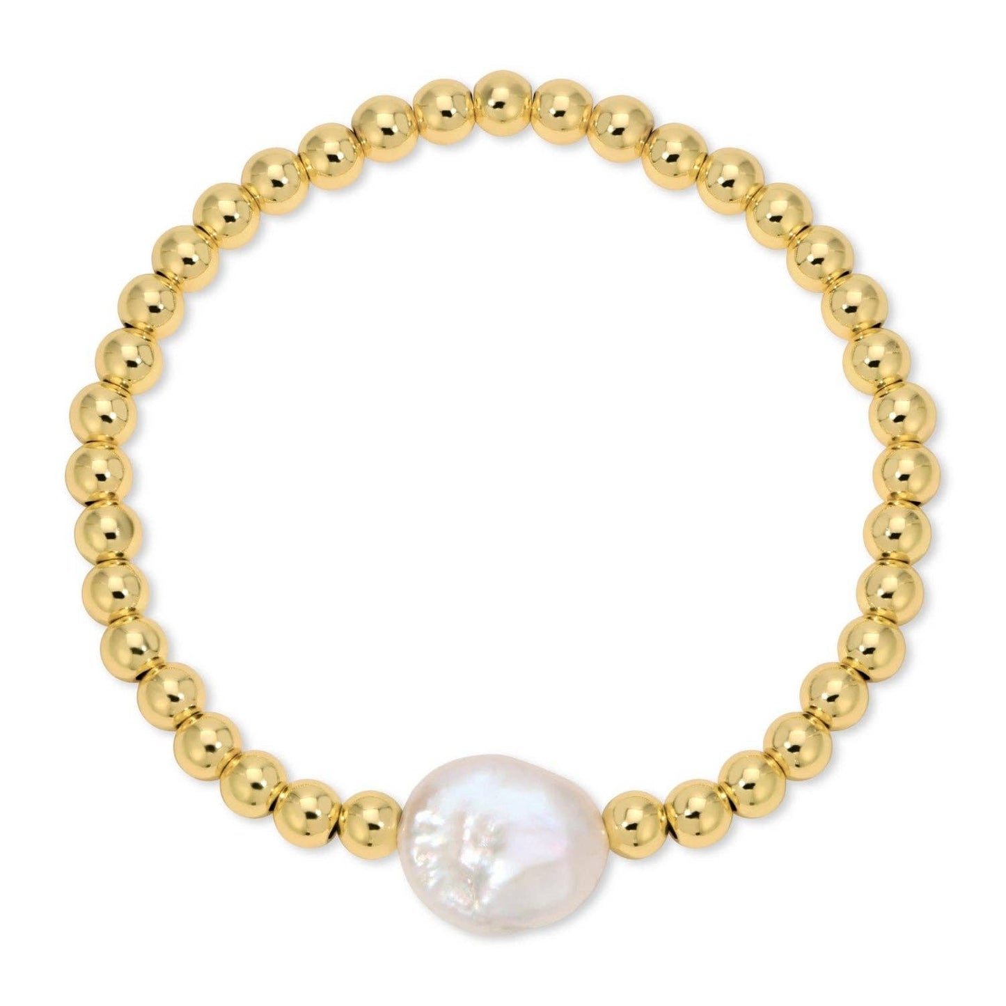Gold beaded bracelet with a central pearl on a white background