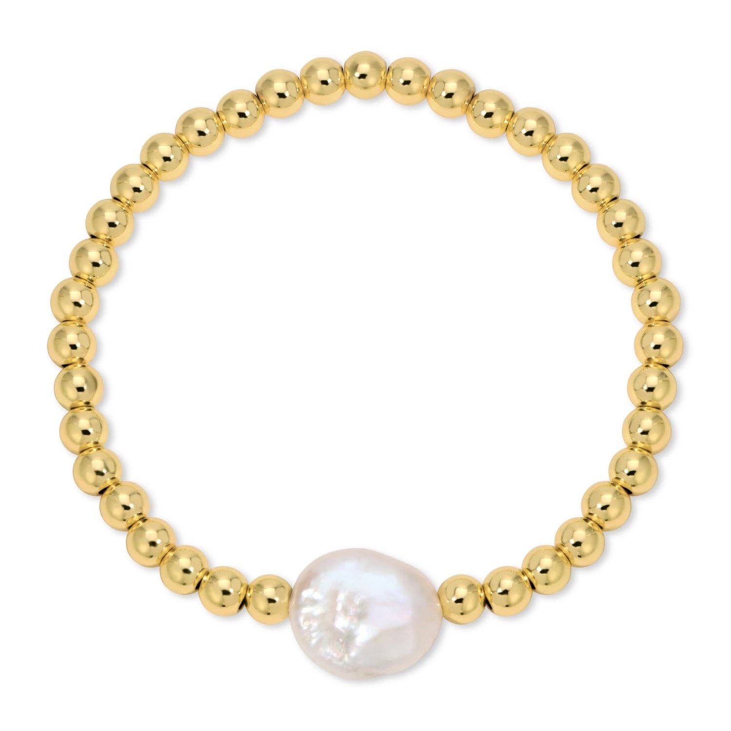 Gold beaded bracelet with a central pearl on a white background