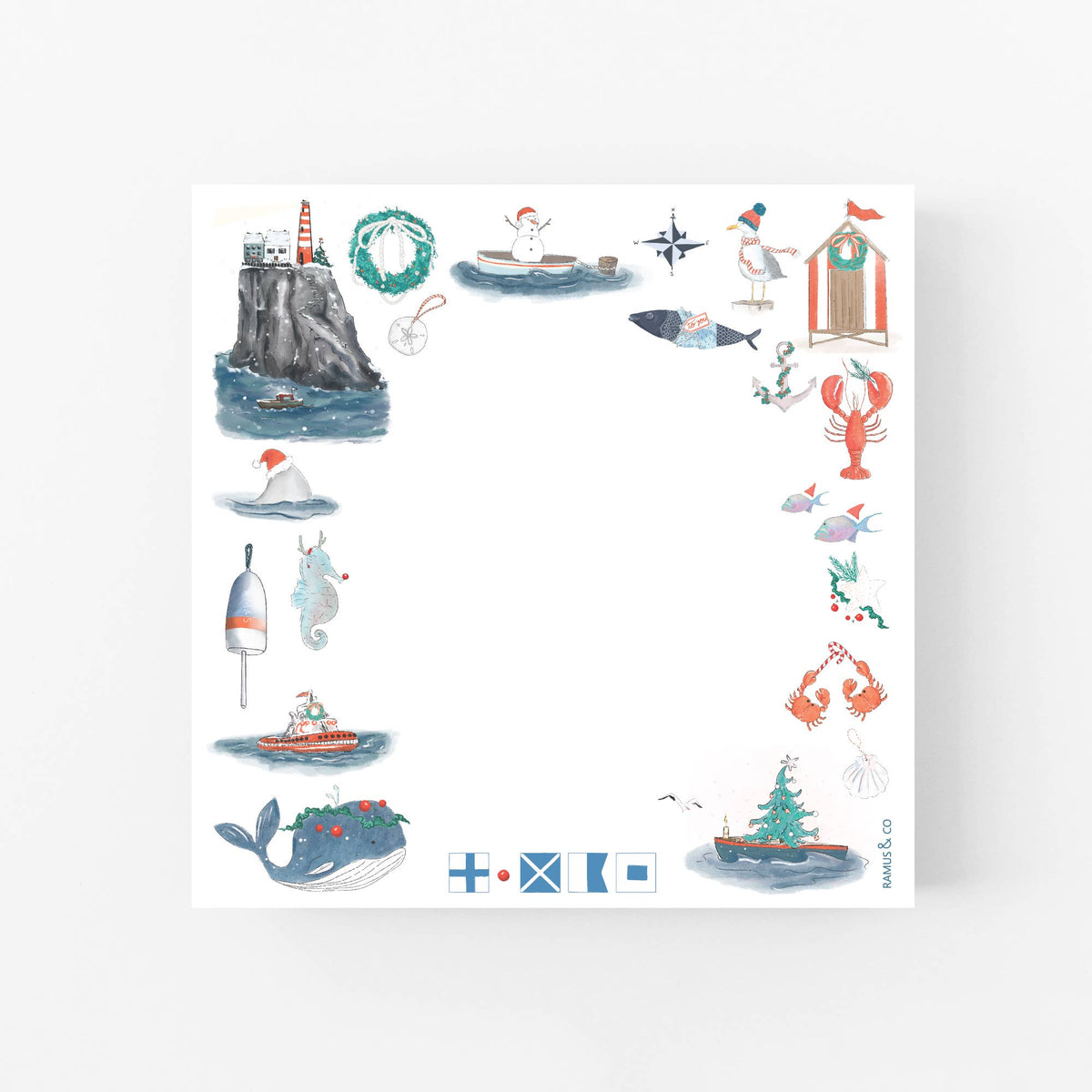 A square white paper napkin or coaster featuring a whimsical nautical illustration border. The border contains watercolor-style drawings of a lighthouse, a wreath, a snowman in a boat, seagulls, a lobster, a whale, a tugboat, a seahorse, a buoy, and a Christmas tree on the water, with small Scottish flag icons along the bottom edge.