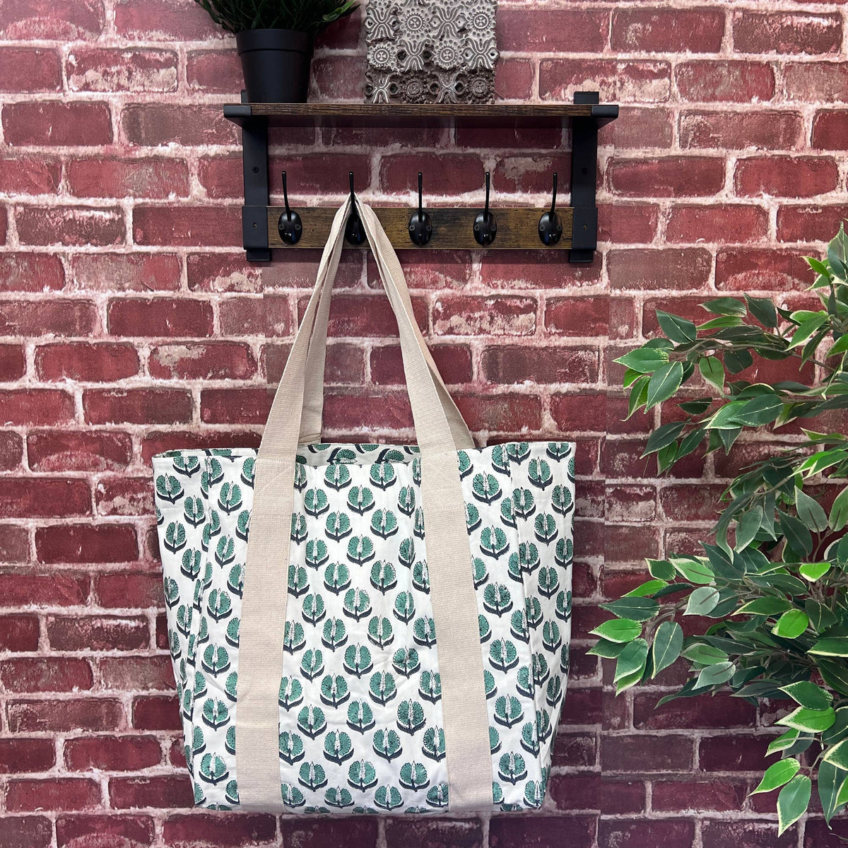 Handcrafted Canvas Bag with Block-Printed Teal Marigold