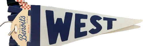 A white pennant flag with large navy blue lettering reading 'WEST' and a hanging tag that says 'Benotti's'.